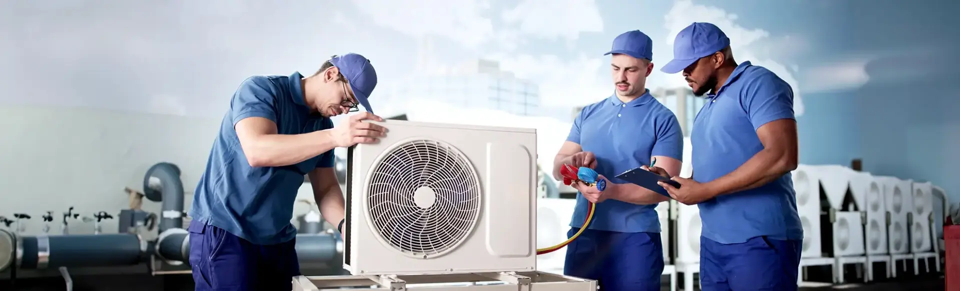 Kälteanlagen Mitarbeiter reparieren Klimaanlage